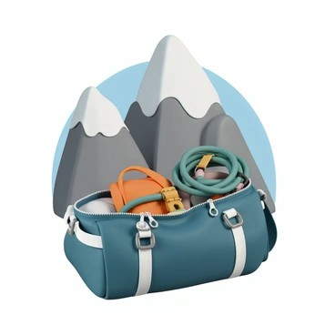 An adventure bag, made of durable fabric, is filled with various climbing gear, including a bright orange harness, a shiny stainless steel carabiner, and a coiled rope. The bag is positioned prominently in the foreground, showcasing the intricate details of its zippers and straps. In the background, tall mountains rise majestically, their peaks capped with snow and rugged rocky surfaces, providing a sense of scale and adventure. The sky is clear and blue, enhancing the vibrant colors of the gear and the natural landscape.