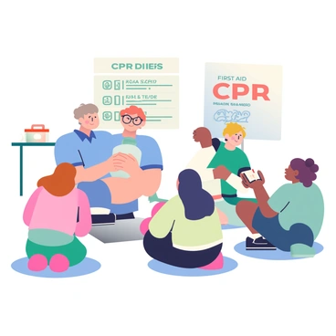 An instructor with short brown hair and wearing a blue polo shirt is demonstrating CPR techniques in front of a small group of five people. The instructor is positioned beside a mannequin on a gray mat, showing the proper hand placement for chest compressions. The students, consisting of three women and two men of various ethnicities, are sitting on the floor and attentively watching the demonstration. One woman with glasses has a notepad and is taking notes, while another participant is practicing the technique on a second mannequin. A large poster on the wall displays CPR steps in clear, bold text, and a first aid kit is placed nearby on a table. The atmosphere is focused and educational.