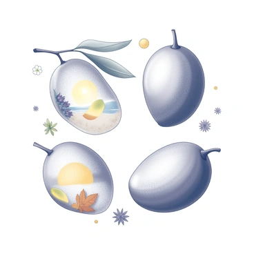 Four mangoes arranged in a circular formation, each representing one of the four seasons. The first mango, symbolizing spring, is surrounded by blooming flowers and fresh green leaves. The second mango, representing summer, is placed against a background of a bright sun and a sandy beach. The third mango, for autumn, features fallen leaves in shades of orange and brown on the ground. Lastly, the mango representing winter is set against a backdrop of snowflakes and frosty branches. Each mango is distinctly designed to reflect its seasonal theme.