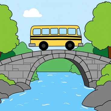 A small yellow bus with black stripes is crossing an old stone bridge. The bridge has weathered gray stones, and its arching structure spans over a flowing blue river below. The water is shimmering in the sunlight, with small ripples visible on the surface. Lush green trees line the riverbanks, adding a vibrant contrast to the scene. The sky is clear with a few fluffy white clouds scattered above. The bus is in motion, with its wheels slightly elevated off the bridge as it travels.