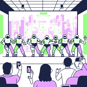 A group of robots is performing a synchronized dance routine in a futuristic auditorium. The robots are designed with sleek metallic bodies and glowing lights. They are arranged in a tight formation, with each robot executing precise movements. The auditorium features a high ceiling with geometric patterns and large screens displaying dynamic visuals in the background. Spotlights illuminate the robots as they move in harmony, creating an energetic atmosphere. The audience, sitting in ergonomic chairs, watches the performance with excitement, some capturing the moment on small devices.