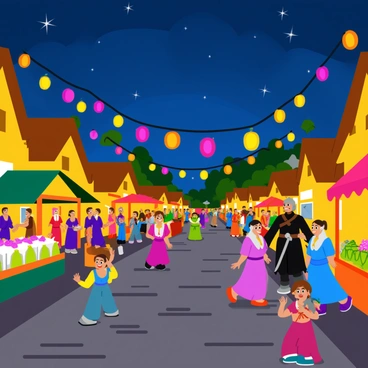 A lively village festival at night, with lanterns illuminating the streets and a witcher among the crowd