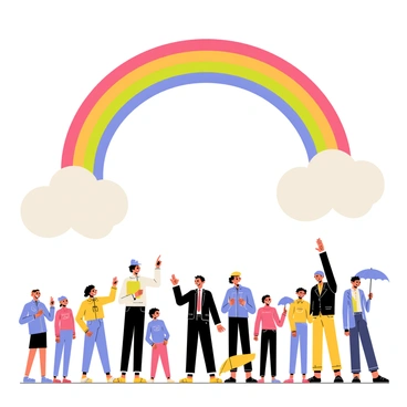 A bright rainbow arching across a blue sky filled with fluffy white clouds. The rainbow displays vibrant colors, with red, orange, yellow, green, blue, indigo, and violet bands clearly visible. Below the rainbow, a diverse group of people, including children and adults, are looking up in awe, pointing and smiling. Some people are holding umbrellas, while others have raincoats on, indicating the recent rain shower. The scene conveys a sense of wonder and joy after the rain.