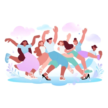 A group of friends is dancing together in an open field. They are dressed in vibrant, flowing outfits that move fluidly with their movements. Each person has their arms raised in celebration, showcasing various dance poses. Around them, the field is filled with wildflowers in a variety of colors. The sky above is a gradient of pastel colors, blending soft pinks, blues, and yellows, creating a warm and inviting atmosphere.