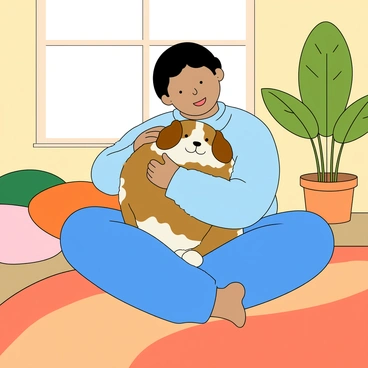 A person with medium skin and short black hair is sitting cross-legged on a soft, colorful rug. They are hugging a small, fluffy dog with brown and white fur, who looks a bit anxious but is nestled comfortably against the person's chest. The person is wearing a cozy, oversized sweater in light blue, and they have gentle, caring eyes. The room is filled with warm light, and there are a few plush cushions scattered around. A potted plant with big green leaves stands in the corner, adding a touch of nature to the scene. Both the person and the dog appear relaxed, sharing a moment of tranquility together.