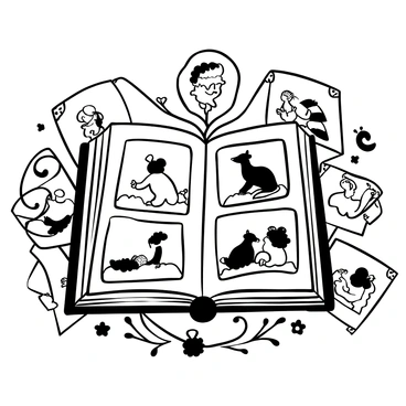 An open storybook featuring detailed black-and-white illustrations of various fables by La Fontaine. The pages display intricate drawings of animals engaging in different activities from the fables. Surrounding the storybook, scattered pages show additional scenes from the tales, accompanied by elegant decorative elements such as swirling vines and ornate borders. The overall composition invites viewers to explore the narratives within the book.