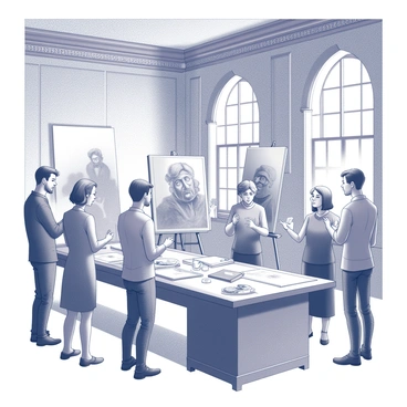 A group of artists is assembled inside a historic guild hall with ornate architectural details. The hall features high ceilings with intricate moldings and large windows that allow natural light to filter in. Each artist is engaged in conversation, showcasing their unique creations, such as canvases, sculptures, and sketches. Some artists are demonstrating techniques, while others are observing closely. On a long wooden table, various art supplies are scattered, including brushes, palettes, and sketchbooks. The atmosphere is lively, filled with a sense of collaboration and creativity. "Sharing techniques and creations" is displayed prominently in the background.