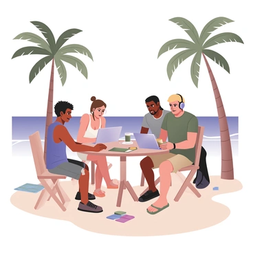 A group of four digital nomads is seated at a wooden table outside a beachside café. One nomad on the left has light skin, short curly black hair, and is wearing a blue tank top and cargo shorts. They are focused on their laptop, which is open in front of them. The second nomad, who has medium skin and long brown hair tied in a ponytail, is wearing a white sundress and is sipping a cold beverage. The third nomad has dark skin and a beard, wearing a gray t-shirt and ripped jeans, and is typing on a laptop while wearing headphones. The fourth nomad has light skin, short blonde hair, and is dressed in a green shirt and khaki shorts, examining notes on a tablet. Palm trees frame the scene, and the ocean is visible in the background with gentle waves lapping at the shore. Sunlight casts soft shadows on the table, and a few colorful beach towels are spread out on the sand nearby.