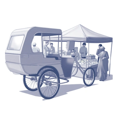 A rickshaw parked near a bustling market. The rickshaw features intricate designs and decorations typical of the region, with its distinctive shape. The market is filled with people engaged in various activities like shopping and chatting. Stalls lined with fruits, vegetables, and spices are visible, showcasing a variety of items. Vendors are interacting with customers, and the atmosphere is lively with movement and conversation. The scene captures the vibrant energy of the market.