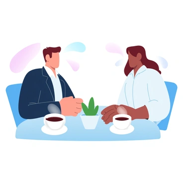 Two versions of the same person are sitting across a table from each other, both displaying different outfits. One version is dressed in a navy blue blazer while the other is in a casual white shirt. The table is adorned with a small potted plant and two cups of steaming coffee. They are leaning slightly towards one another, suggesting an engaging discussion. The background features a subtle gradient of pastel colors, creating a warm and inviting atmosphere around them.