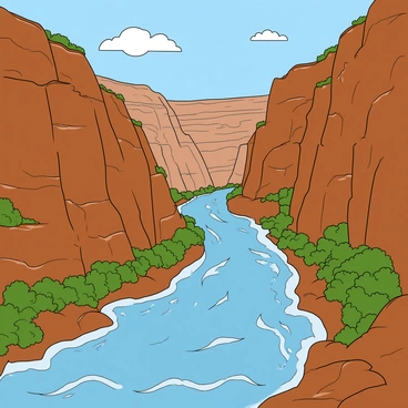 A vast canyon with steep, rugged walls showcasing layers of rock in various shades of brown and red. At the bottom, a wide, flowing river meanders through the canyon, with white frothy waves where it splashes against the rocky banks. The river reflects the sunlight, creating glimmers on the surface. Lush greenery, including bushes and small trees, is visible in patches along the riverbanks. A clear blue sky is overhead, with a few fluffy white clouds drifting by. The scene captures the immense scale of the canyon, emphasizing its dramatic beauty.