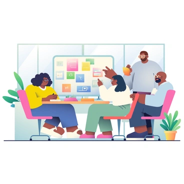 A diverse startup team is gathered around a large wooden conference table in a bright conference room. The team consists of a woman with dark skin and curly hair, wearing a bright yellow blouse, and a man with light skin and glasses, dressed in a blue shirt. A woman with medium skin and straight black hair, wearing a white sweater, is taking notes on a notepad. There is a man with a beard and light brown skin, wearing a gray t-shirt, pointing at a large whiteboard filled with colorful notes and sketches. The walls of the room are painted in soft white, and large windows allow natural light to flood the space, creating a vibrant atmosphere. Various potted plants are placed around the room, adding a touch of greenery.