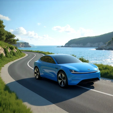 An electric car cruising along a seaside road with ocean views