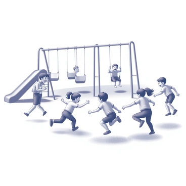 A group of children running and laughing while playing tag on a playground. One child is in the act of reaching out to tag another, who is just about to dodge to the side. In the background, there is a swing set with several swings, some empty and others occupied by children swinging back and forth. There is a slide with a child climbing up the ladder, while another is sliding down with excitement. The scene is filled with energy and movement, capturing the joy of play.