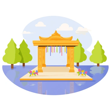 A unique wedding mandap situated on a floating platform in the center of a lake. The mandap features intricate wooden carvings with colorful drapes hanging from the top, creating a vibrant and festive atmosphere. Surrounding the mandap are lush green trees reflected in the calm water of the lake. Delicate floral arrangements in vibrant colors are placed at the corners of the platform, enhancing the celebratory mood. The sky above shows a clear blue with a few fluffy white clouds. The entire scene captures the essence of a joyful wedding celebration in a picturesque setting.