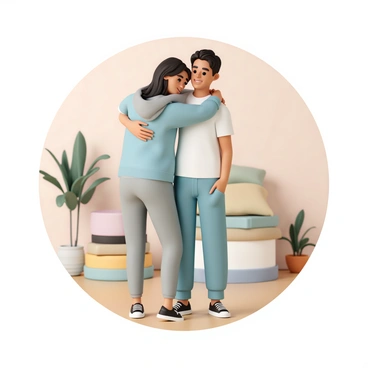 A group of three friends standing in a warm and inviting space, surrounded by soft lighting. Two friends are embracing each other in a comforting hug, one friend wearing a light blue sweater and the other wearing a grey hoodie. The third friend, wearing a white T-shirt and jeans, stands close by with a reassuring smile, ready to join in the moment. The background features cozy furniture and potted plants, enhancing the feeling of a safe and supportive environment.