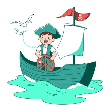 A teal cartoon boy wearing a pirate hat and a white shirt is enthusiastically steering a small wooden play ship. The ship has a red flag with a skull and crossbones emblem fluttering at the top of the mast. The boy is standing at the helm, with one hand on the wooden wheel and a bright smile on his face. The ship is surrounded by waves, and there are seagulls flying in the background.