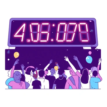 A large digital timer displays bright numbers in the center, counting down to zero. The timer is set against a backdrop of vibrant lights, emphasizing the urgency of the countdown. In front of the timer, a diverse audience is gathered, with expressions of excitement and anticipation. Some members of the audience are standing, while others are seated, all focused intently on the timer. Various hands are raised, and balloons in two colors are visible among the crowd, adding to the festive atmosphere.