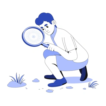 A person is holding a magnifying glass, focusing intently on a small, isolated scene. The individual is crouched down, with their eyes narrowed in concentration as they examine the details through the lens. The magnifying glass reveals intricate patterns and textures, highlighting the clarity of the subject being observed. Surrounding them, the ground is uneven, with blades of grass and scattered pebbles, creating a natural setting for this investigation. The person's attire is practical, suggesting they are deeply engaged in their exploration of this particular event.