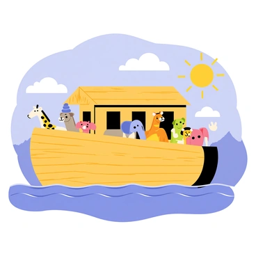 An ancient painting depicting "the ark" as described in historic texts. The ark is shown as a large wooden vessel with a rectangular shape and a high roof, crafted with visible wooden planks and intricate carvings. The scene includes a blue sky with fluffy white clouds surrounding the ark, which is resting on a gentle wave of water. Various animals, such as "giraffes," "elephants," and "lions," can be seen partially sticking their heads out from the windows, emphasizing a sense of life aboard the ark. In the distance, mountains rise majestically against the horizon. Sunlight beams down, illuminating the ark and casting shadows on the water's surface.