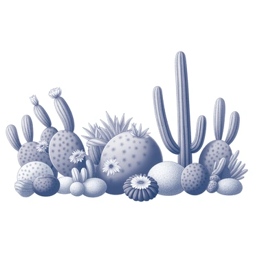 A border featuring an array of cacti, each with distinct shapes and sizes. Various species of desert plants, including succulent varieties, are interspersed among the cacti. The flowers of the cacti are blooming prominently, showcasing their unique forms and textures. The composition is dense with foliage, creating a vibrant and lively display of desert vegetation. The overall arrangement demonstrates a natural flow, drawing the eye along the border.