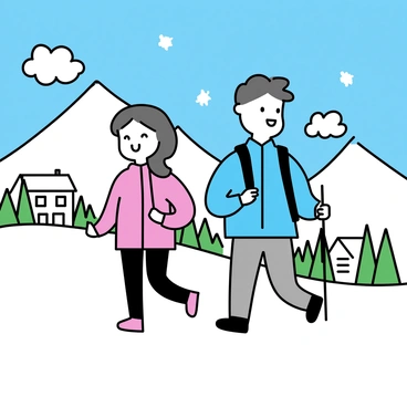 A couple is hiking in the snowy mountains above a small village. The man, wearing a blue jacket and gray pants, is walking in front, holding a trekking pole in one hand. The woman, dressed in a red coat and black leggings, is following closely behind, smiling as she takes in the winter scenery. In the background, the mountains are covered in a thick layer of snow, and the roofs of the village houses are visible peeking through the trees. Fluffy white clouds scatter across the blue sky, enhancing the picturesque winter landscape.