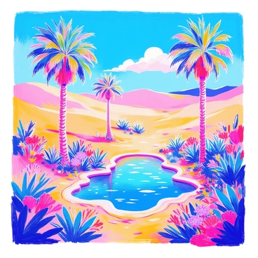 A vibrant oasis is situated in the middle of a vast desert. It features several tall, slender palm trees with lush, green fronds swaying gently in a soft breeze. The ground is covered with warm, golden sand, which contrasts with the rich greens of the palm leaves. In the center of the oasis, there is a shimmering pond reflecting the sunlight, creating sparkling highlights on its surface. Surrounding the pond, colorful flowers bloom, adding splashes of color to the scene. The sky above is a brilliant blue, with a few fluffy white clouds drifting lazily by.