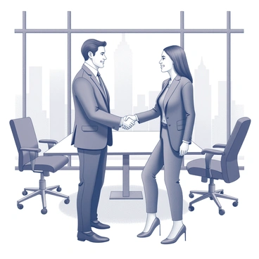 Two business people standing in a modern office setting. One individual is wearing a tailored suit, with a confident expression, while the other is dressed in a professional attire, showcasing a friendly smile. They are engaged in a handshake, symbolizing a successful agreement. In the background, large glass windows reveal a cityscape, with tall buildings and a skyline visible outside. The office is furnished with sleek furniture, including a glass desk and ergonomic chairs, enhancing the contemporary atmosphere.