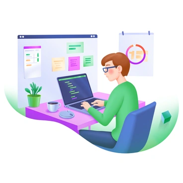 A modern pastel illustration of a developer sitting at a desk, focused on a laptop displaying lines of code. The developer has short brown hair and wears glasses. Beside the laptop, there are colorful sticky notes with reminders and a coffee cup. On the wall, there is a calendar with a date circled in red, indicating the day of the programming test. A potted plant adds a touch of greenery to the workspace. The overall atmosphere conveys concentration and readiness for the challenge ahead.