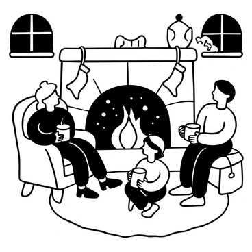 A family gathered around a large, stone fireplace, with flames dancing inside and casting shadows on the walls. One adult is sitting in a cozy armchair, holding a steaming mug of hot cocoa, while another adult leans against the mantel, listening attentively. Two children sit cross-legged on a plush rug, each holding a mug, smiling as they share stories. Decorative stockings hang from the fireplace, and a warm blanket is draped over the armchair. Snow can be seen through the window, softly falling outside in the night.