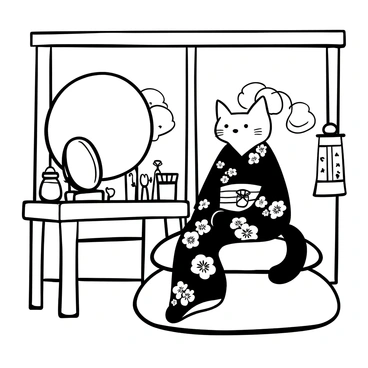 A cat sitting gracefully on a plush cushion, wearing an intricately patterned kimono. The cat is positioned in front of a small wooden vanity table with a delicate mirror. Various makeup items, such as a small jar of powder and brushes, are arranged on the table. The room is softly illuminated by a lantern, casting gentle shadows and creating a tranquil atmosphere. The background features traditional Japanese decor, including a folding screen with elegant floral designs.
