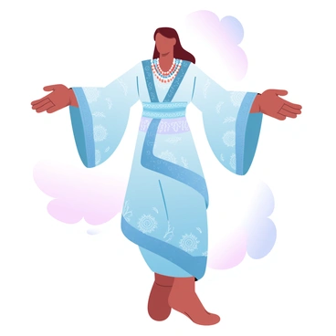 A person wearing a colorful traditional attire, with intricate patterns and designs, is standing proudly with their arms outstretched. The attire includes a flowing garment that drapes elegantly around their body. The person is adorned with a variety of cultural accessories, such as a patterned sash and decorative jewelry. The background features soft, gradient pastel colors that enhance the vibrancy of the traditional attire.