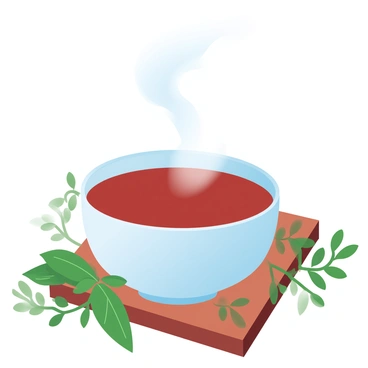 A steaming bowl of herbal tea is placed on a wooden table. Surrounding the bowl are various fresh herbs, including sprigs of mint, basil, and rosemary, arranged attractively. The steam rises from the tea, creating a gentle vapor that adds warmth to the scene. The bowl itself is ceramic, with a subtle design, and the tea has a rich, inviting color. The fresh herbs display vibrant shades of green, enhancing the overall composition.