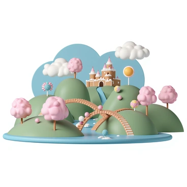 A vibrant landscape filled with various types of candy and sweets. There are rolling hills made of green gumdrops and cotton candy trees with pink fluffy tops. A river of chocolate flows through the scene, with candy cane bridges arching over it. Lollipop flowers bloom in a spectrum of colors, standing tall amidst a pathway lined with graham cracker stones. In the distance, you can see a castle made of gingerbread, decorated with icing and topped with colorful sprinkles. The sky is a bright blue with fluffy marshmallow clouds floating above.