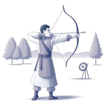 An archer dressed in traditional clothing is preparing to shoot an arrow. The archer stands confidently, drawing back the bowstring with one hand while keeping the other hand steady on the bow. The focus is directed towards a bullseye visible in the distance. The background features an outdoor setting, with trees and open space surrounding the archer. The ground is grassy, creating a natural arena for this archery scenario.