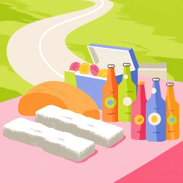 A road trip snack scene with garlic bread wrapped in foil and drinks