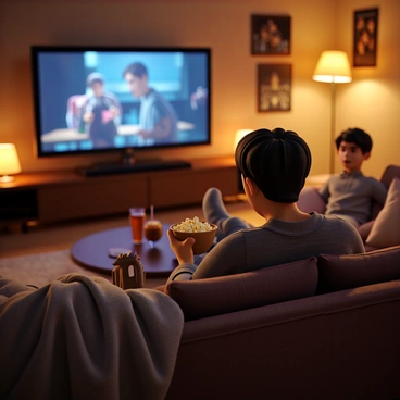 A man with short, dark hair and wearing comfortable loungewear sits on a cozy couch in a warmly lit living room. He has a relaxed expression, holding a bowl of popcorn in one hand while the other rests on the couch. A large flat-screen TV in front of him displays a movie scene. The room is decorated with soft cushions and a plush throw blanket draped over the couch. There is a warm glow from a nearby lamp, creating a welcoming atmosphere. A few movie posters can be seen on the walls, hinting at his taste in films. A glass of soda sits on the coffee table in front of him.