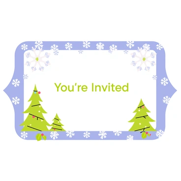 A holiday invitation featuring a large, elegant border made up of intricate white snowflakes. Inside the border, there are multiple evergreen trees, each adorned with colorful ornaments and twinkling lights. The background of the invitation is a soft blue to evoke a wintery feel. In the center, the text reads "You're Invited" in a festive font, surrounded by small graphic accents of holly berries and additional snowflakes.