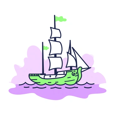 A wooden ship with tall masts and billowing sails is emerging from thick morning fog. The ship's hull is detailed with intricate carvings and weathered wood, reflecting its age and journey. The sails are catching a gentle breeze, appearing slightly translucent in the fog. Surrounding the ship, the sea is calm with subtle ripples, and the fog obscures distant elements, creating an air of mystery. The only visible detail beyond the ship is the faint outlines of waves, softly undulating beneath the vessel as it navigates through the veils of mist.