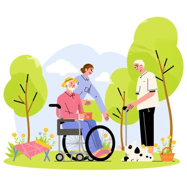 A caregiver assisting an elderly person in a park on a sunny day. The caregiver is a young woman with brown hair, wearing a light blue shirt and jeans, smiling gently. The elderly person is a man with white hair, sitting in a wheelchair, wearing a straw hat and enjoying the warmth of the sun. Surrounding them are green trees, colorful flowers, and a clear blue sky. A small dog is playing nearby, adding a sense of joy to the scene. A picnic blanket with a basket can be seen in the background, suggesting a relaxing day outdoors.