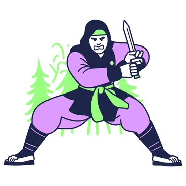 A ninja is depicted in a dynamic fighting stance, showcasing a powerful posture with bent knees and feet firmly planted on the ground. The ninja's face is intense and angry, with narrowed eyes and gritted teeth, conveying a fierce determination. He wears a traditional black outfit with a hood, partially obscuring his face. His arms are positioned forward, ready for action, with one hand gripping a sword and the other poised for an attack. The background features faint outlines of trees, adding to the scene's martial atmosphere.