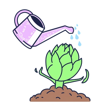 An artichoke plant is positioned prominently in the center of the image, showcasing its thick, spiky leaves and a developing artichoke bud. The plant is surrounded by rich soil, which is visibly dampened. A vintage metal watering can with a curved spout is tilted above the plant, pouring water onto the soil. The watering can has a slightly tarnished appearance, indicating age and character, with decorative engravings on its surface. Droplets of water are falling gracefully from the spout, creating small splashes where they meet the soil. The overall composition highlights the interaction between the plant and the watering can, capturing the moment of nurturing.