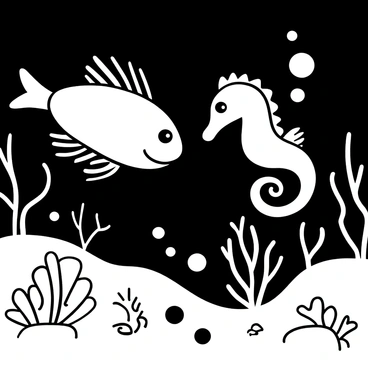An anglerfish positioned in the depths of the ocean, its bioluminescent lure glowing softly. The anglerfish is facing a seahorse that is approaching with curiosity. The seahorse has a slender body, intricate fins, and a curled tail. Bubbles are rising around them, and the surrounding water is depicted with flowing lines to indicate movement. Coral formations and small rocks can be seen in the background, creating an underwater habitat.