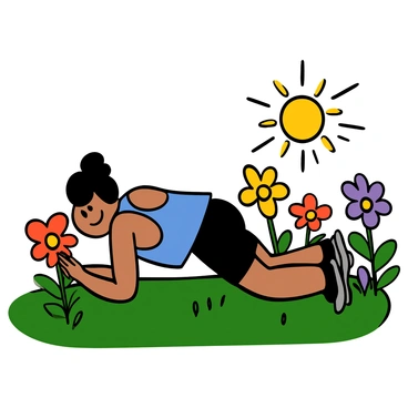 A person with tan skin and short black hair is performing a plank exercise on the grass in their colorful front yard. They are wearing a bright blue tank top and black shorts. Surrounding them are various blooming flowers in vibrant colors like red, yellow, and purple. The sun is shining down, illuminating the scene, and the greenery of the lawn provides a lush backdrop for the activity.
