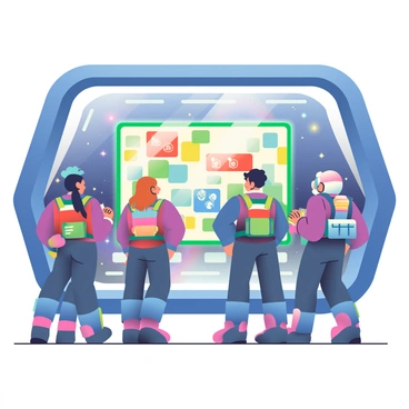 A group of six space mercenaries is gathered around a large, glowing holographic map displayed in the center of a sleek, futuristic spaceship. The mercenaries have diverse appearances; one has a short blue mohawk, another has long dark hair tied back, a third is wearing a helmet with a visor, while the remaining three have varying hairstyles and colors. Each mercenary is dressed in tactical space suits, adorned with various pouches and insignias. The holographic map is colorful, showing different colored regions and blinking icons indicating points of interest. The interior of the spaceship features smooth, metallic surfaces and illuminated panels, creating a high-tech atmosphere. A large viewport shows distant stars and a nebula outside, adding depth to the scene.