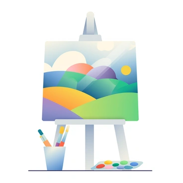 An easel is set up in the center of the image, supporting a large canvas. On the canvas, there is an abstract landscape featuring a blend of shapes and colors that represent a CPF theme. The landscape includes rolling hills with soft curves and vibrant patches of colors, transitioning from deep blues to bright greens and warm yellows. In front of the easel, there is a set of paintbrushes in a cup, and a palette filled with various paint colors. The background is softly blurred, enhancing the focus on the easel and canvas.