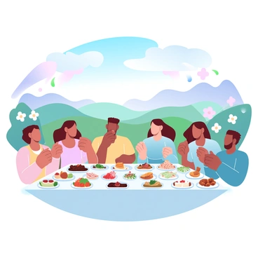 A group of guests is gathered around a long table laden with a variety of colorful dishes. Each dish is vibrant and has an array of textures, featuring fruits, vegetables, and intricate desserts. As the guests take bites, their surroundings begin to change, transforming into a colorful landscape filled with rolling hills and blooming flowers. The table itself is set under a bright blue sky, and soft pastel clouds float overhead. The colors of the landscape mirror the hues of the food, creating a harmonious blend of reality and imagination.