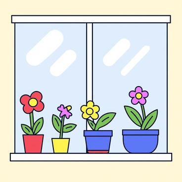 A bright indoor setting with a sunny windowsill. On the sill, there are several colorful pots containing blooming flower buds. Each pot has a different color, including red, yellow, and blue. The flower buds are vibrant and varied, showcasing different shapes and sizes. Sunlight streams in, illuminating the flowers and enhancing their colors. The background features a light, neutral wall that complements the scene.