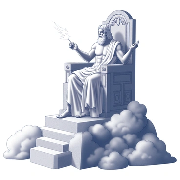 A grand throne made of intricately carved marble, situated at the peak of a mountain. Zeus is depicted as a powerful figure, with a strong build and flowing white hair. He is wearing a regal robe that drapes elegantly around him. Clouds surround the throne, partially obscuring the view of the ground below. In his right hand, Zeus holds a lightning bolt, symbolizing his authority and power. The atmosphere is dynamic, with billowing clouds creating a sense of elevation and majesty. The throne is adorned with various symbols of power, echoing the grandeur of Mount Olympus.