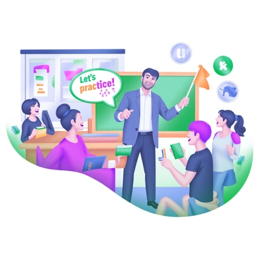 A male language teacher is engaged in a role-play activity with students in a classroom setting. He is standing at the front, wearing a smart-casual outfit, with a friendly smile. The teacher is holding a speech bubble prop that contains the words "Let's practice!" in colorful letters. Surrounding him, several students are animatedly participating, each portraying different characters with fun costumes. Some students are holding props like books and flags, while others are gesturing enthusiastically as they interact. The classroom is decorated with posters of different languages and cultures, creating an inviting learning atmosphere.